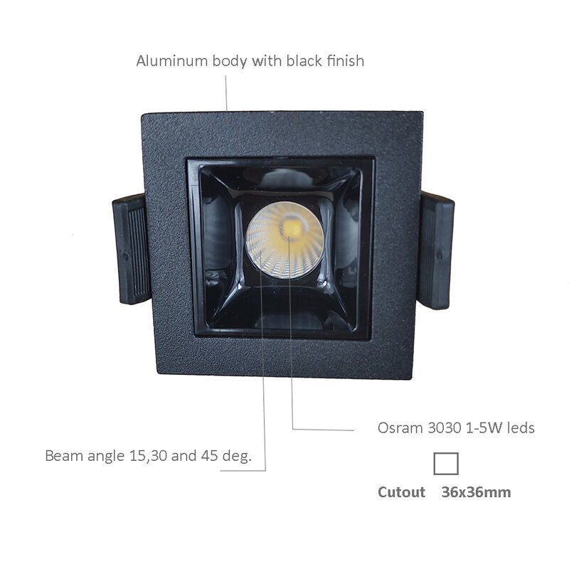 Mini lampe LED encastrée carrée noire, luminaire décoratif d'intérieur, idéal pour une chambre d'hôtel ou une réception, 3W, 90Ra +, 3030