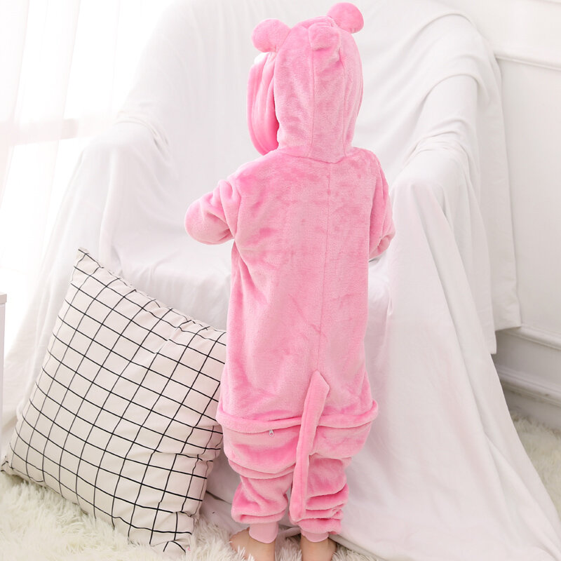 Śliczne różowe Kigurumis Panther Onesie Kid Boy Girl piżama zwierząt piżamy śmieszne kombinezon zimowe ciepłe kombinezony flanelowe strój na imprezę