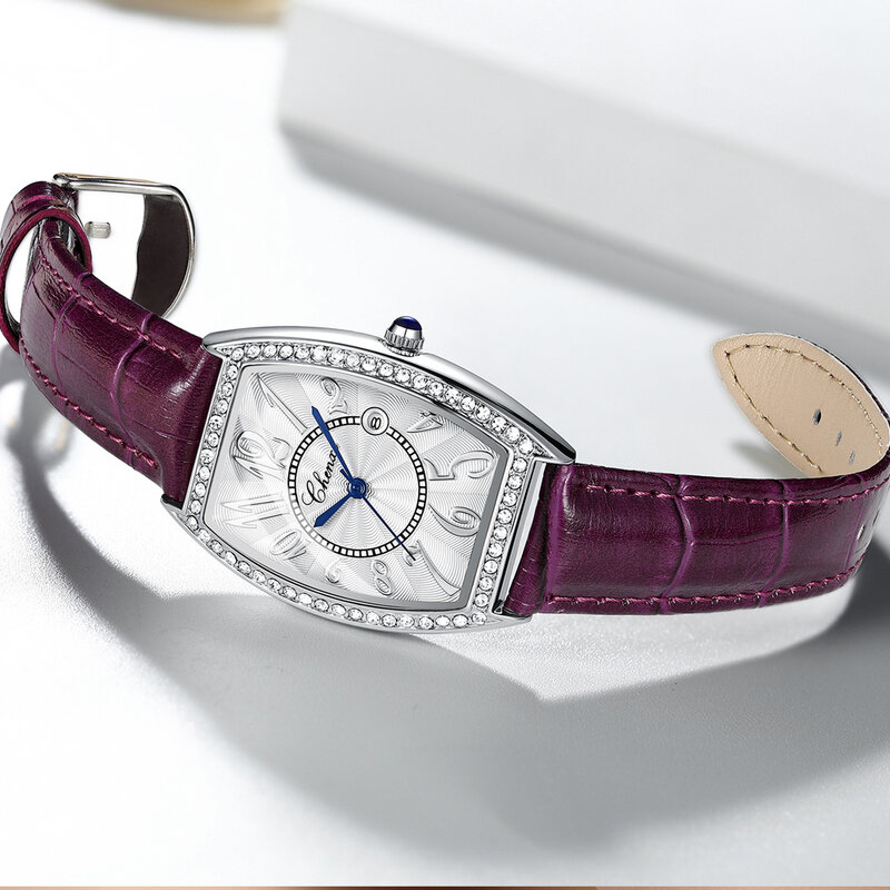 2021 Chenxi Luxury แฟชั่น Rose Gold Tonneau นาฬิกาผู้หญิงเพชรนาฬิกาหนังควอตซ์นาฬิกาข้อมือสุภาพสตรี Reloj Mujer