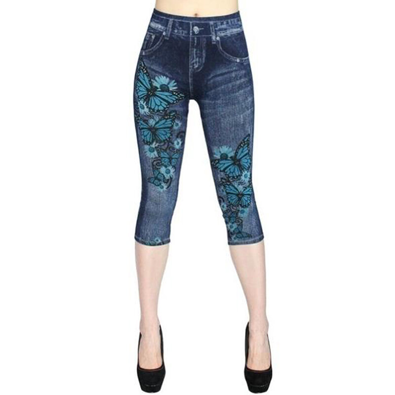 Leggings curtas estampa estiramento para mulheres, jeans falsos, calções, jeggings de cintura alta, plus size, verão, novo
