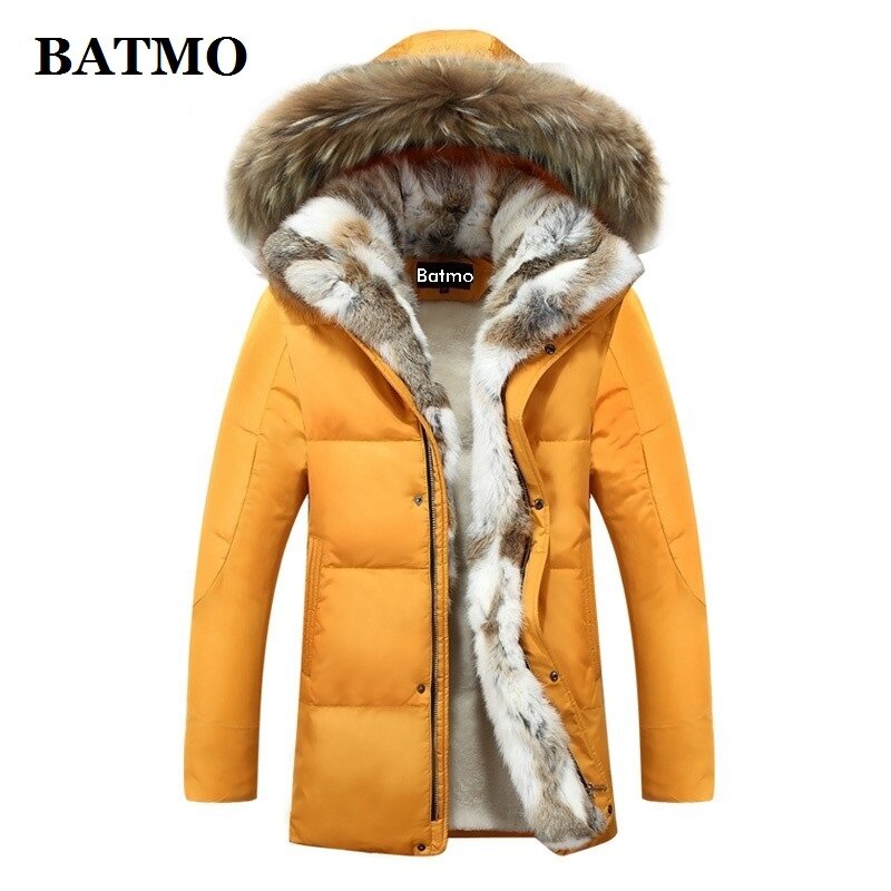 BATMO 2024 kedatangan baru musim dingin kelinci bulu kerah 80% putih bebek bawah jaket berkerudung pria, ukuran S-5XL