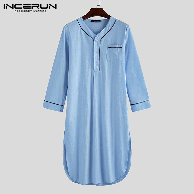 INCERUN Men Sleep Robes 2023 Long Sleeve V Neck Button Homewear Leisure Cozy Bathrobe High Quality Mens Nightgown Pajamas Dress