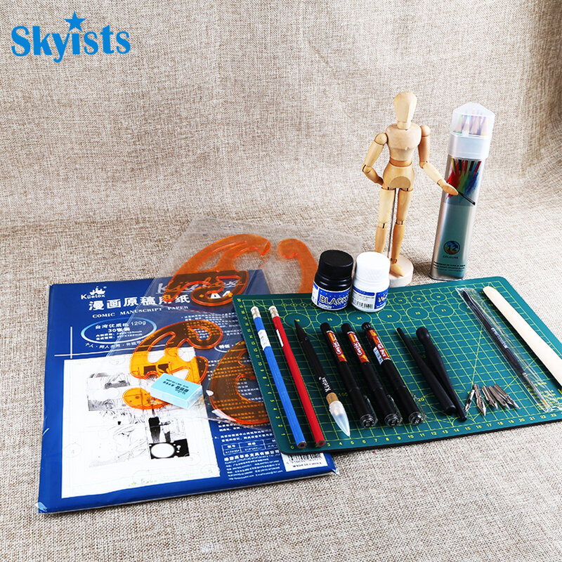 Skyisks-Conjunto de cómic de 17 piezas, colocación completa con lápices de papel de cómic, placa de respaldo, borrador de madera, juego de herramientas de arte