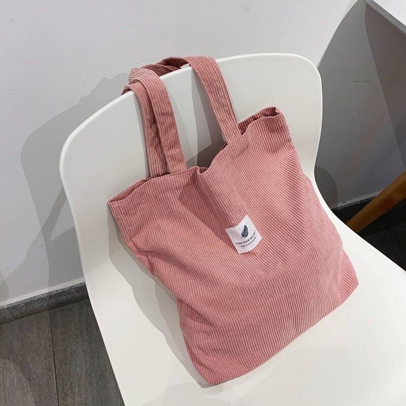 Tas tangan korduroi untuk wanita tas bahu lembut wanita tas tote pembelanja kecil dan besar dapat dipakai ulang untuk Gadis