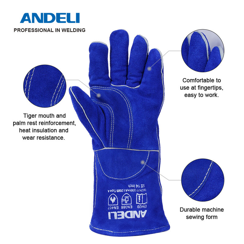 ANDELI-guantes de soldadura MIG TIG ARC CUT, guantes de trabajo resistentes al calor/fuego, guantes de seguridad para barbacoa/manejo de animales, azul