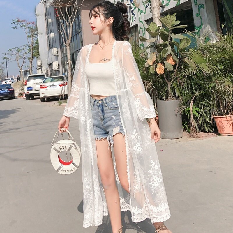 Cárdigan largo de encaje transparente para Mujer, Kimono bohemio, moda coreana, ropa de verano, DD2513, 2020