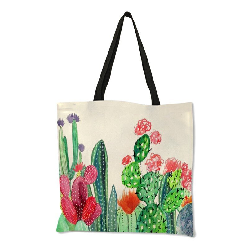 2018 Fashion Hot Watercolor Plant Linen Bag With Cactus Print Multi Use Tote Bag Shopping Bags For Women Lady Dropshipping