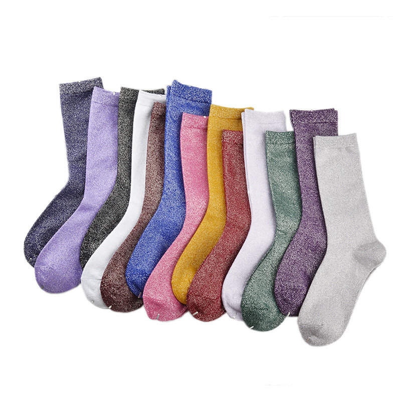 High quality fashion woman 12 color gold and silver silk glitter socks premium luxury solid color gold silver shiny women socks