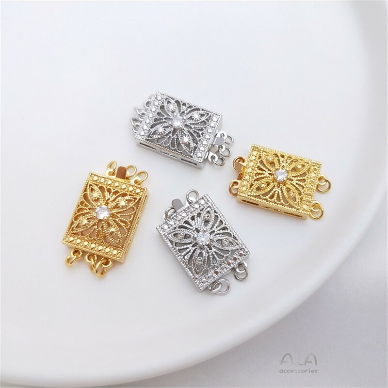 1 buah 23x13.5mm vakum berlapis 18K emas asli putih emas zirkon persegi panjang multi-baris mutiara gesper diy perhiasan gesper