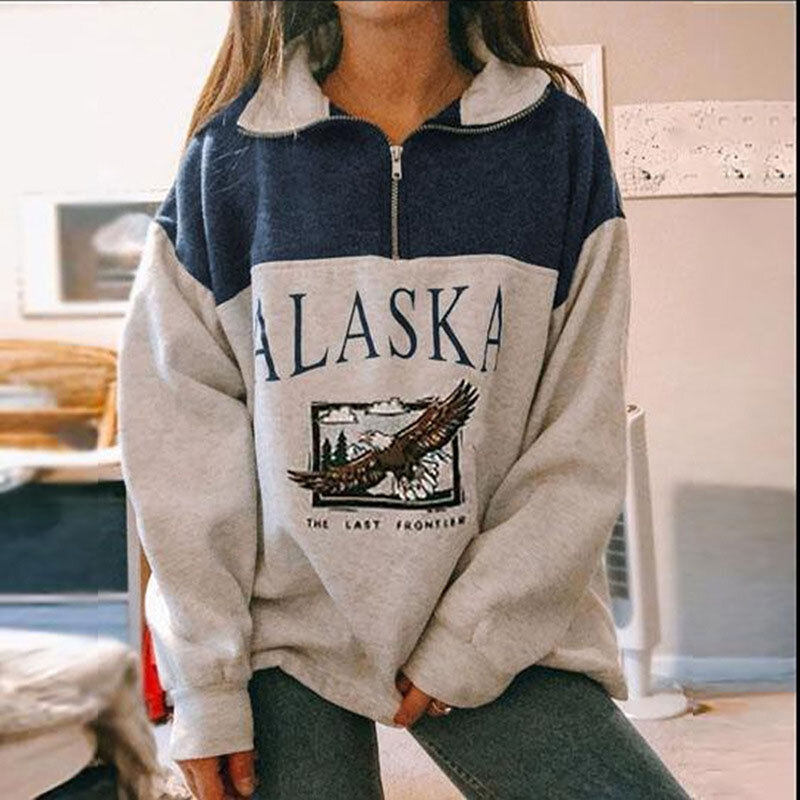 2020 moda feminina gola de algodão meia carta zíper alaska manga longa sweatshirts vintage cinza casual solto moletom