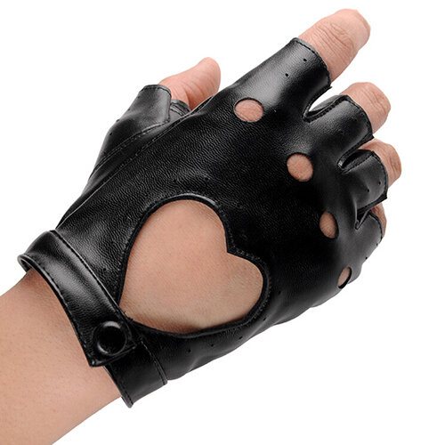 1 paar Frauen Mode PU Leder Schwarz Halbe Finger Handschuhe Für Fitness Kühles Herz Hohl Finger Handschuhe Junge Handschuhe