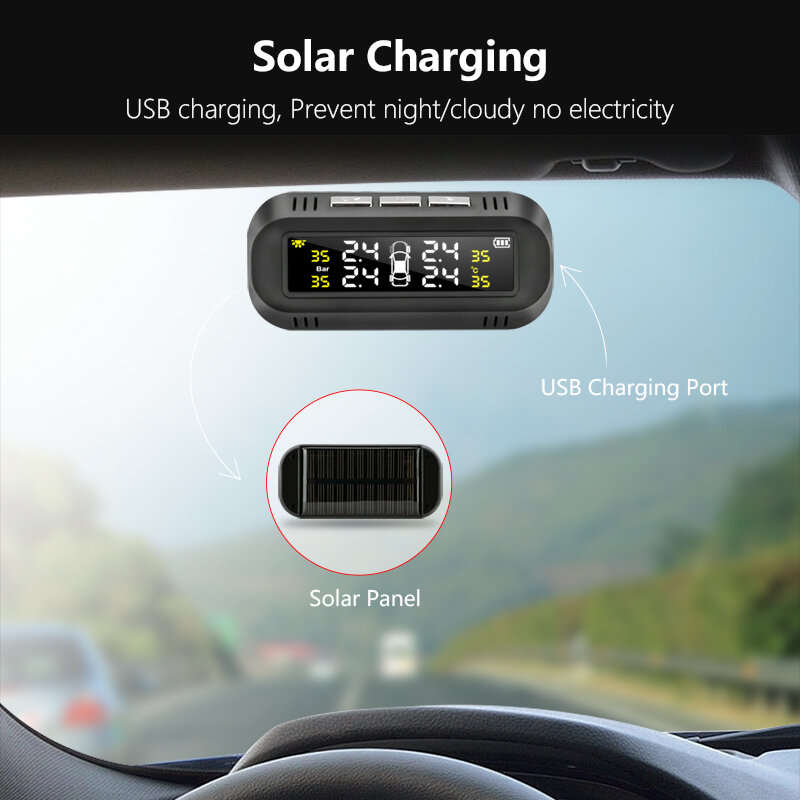 Solar Usb Tpms Auto Bandenspanningscontrolesysteem Lcd 4 Sensor Vasthouden Aan Het Glas Voor Vw Toyota Honda Suv temperatuur Waarschuwing