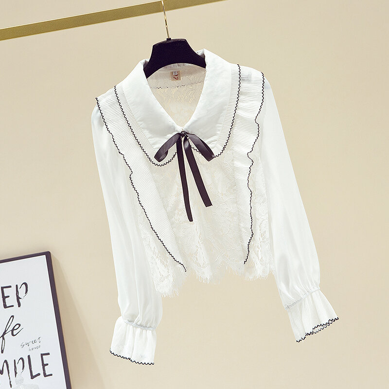 Blusas Elegantes Wanita 2021 Kaus Lengan Terompet Musim Semi Sifon Kerut Berongga Kerah Boneka Pita Kemeja Putih untuk Blus Gadis Manis