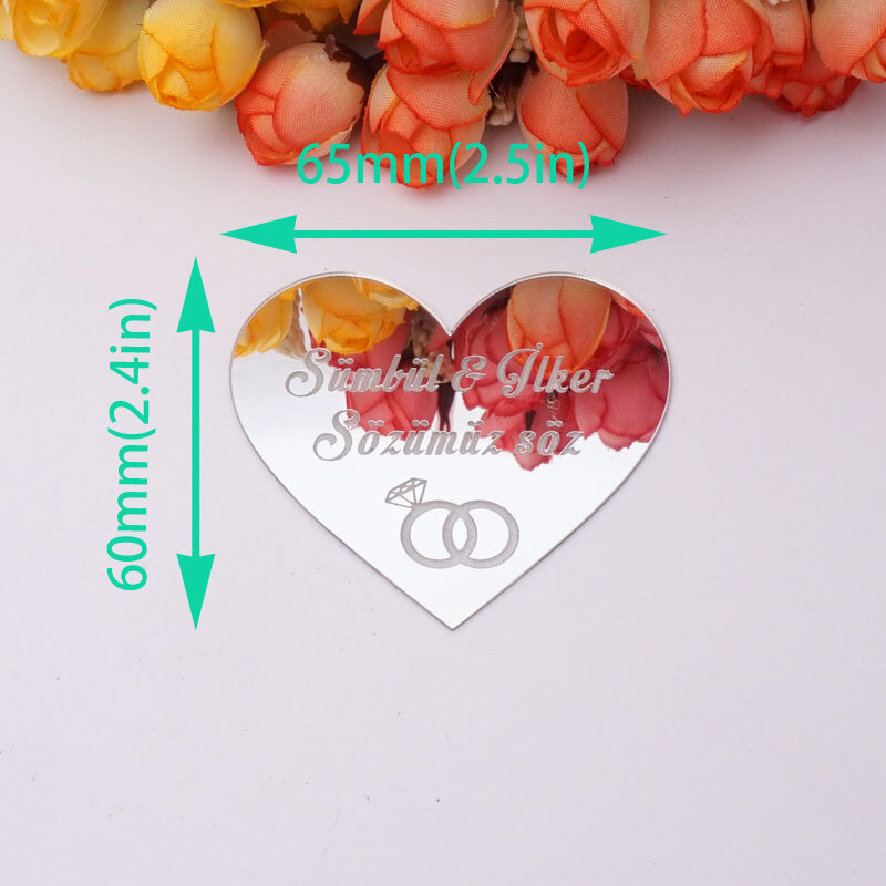 6x6.5cm Heart Style Wedding & Engagement Custom Name Personalized Acrylic Mirror Sticker Party Decor Favor Bridal Gift
