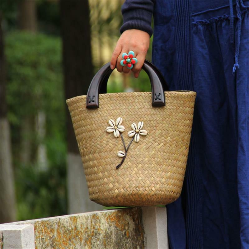 26x20CM oryginalna tajlandia torebka ze słomy torebka ze słomy rattanowej Retro wakacje kobiety drewniany uchwyt torebki torebka wiadro a6115