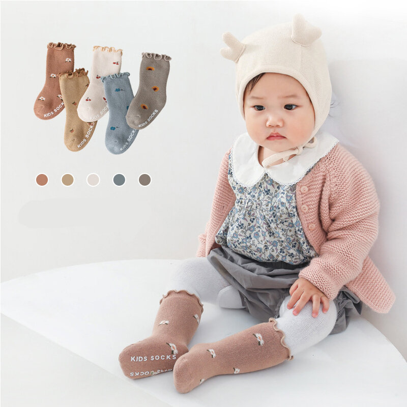 Calcetines de algodón con borde bordado Floral para bebé, medias de tubo de punto, hasta la rodilla, cálidas, para niños y niñas pequeños