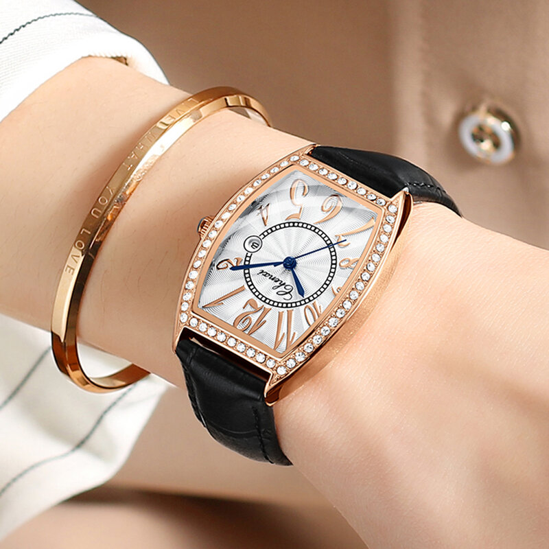 2021 Chenxi Luxury แฟชั่น Rose Gold Tonneau นาฬิกาผู้หญิงเพชรนาฬิกาหนังควอตซ์นาฬิกาข้อมือสุภาพสตรี Reloj Mujer