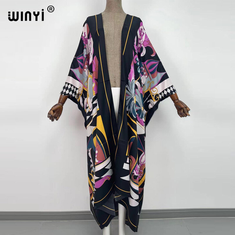 Winyi Boho Kleid Kimono Frauen Strickjacke Stich Kimono Cocktail Sexcy Boho Maxi afrikanischen Urlaub Fledermaus Ärmel Seide Robe