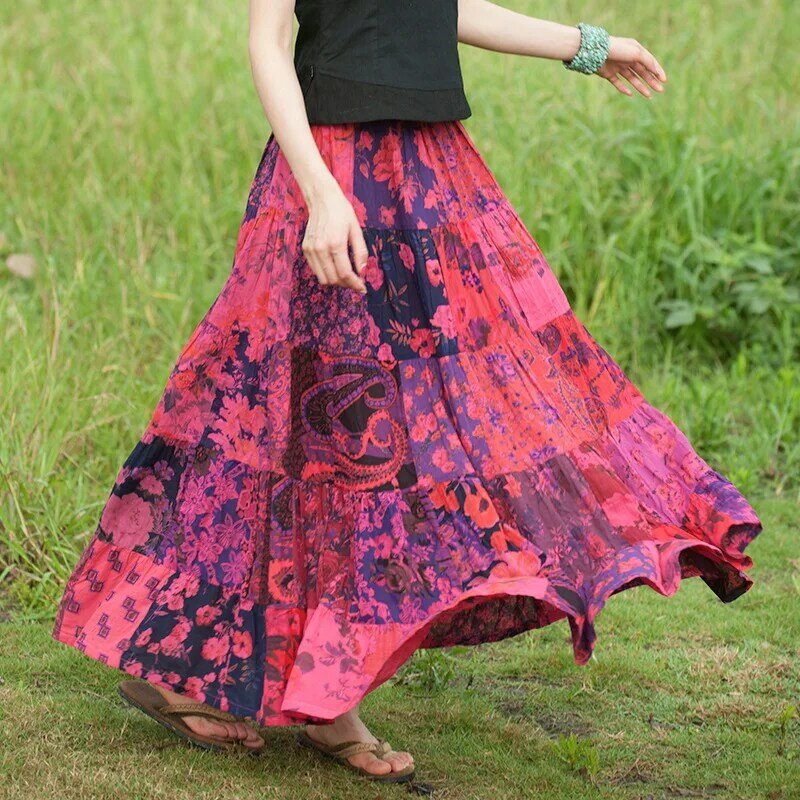 Artystyczny nadruk spódnica wakacyjna spódnica na plażę podróż długie spódnice spódnica etniczna łączenie spódnice damskie 2021