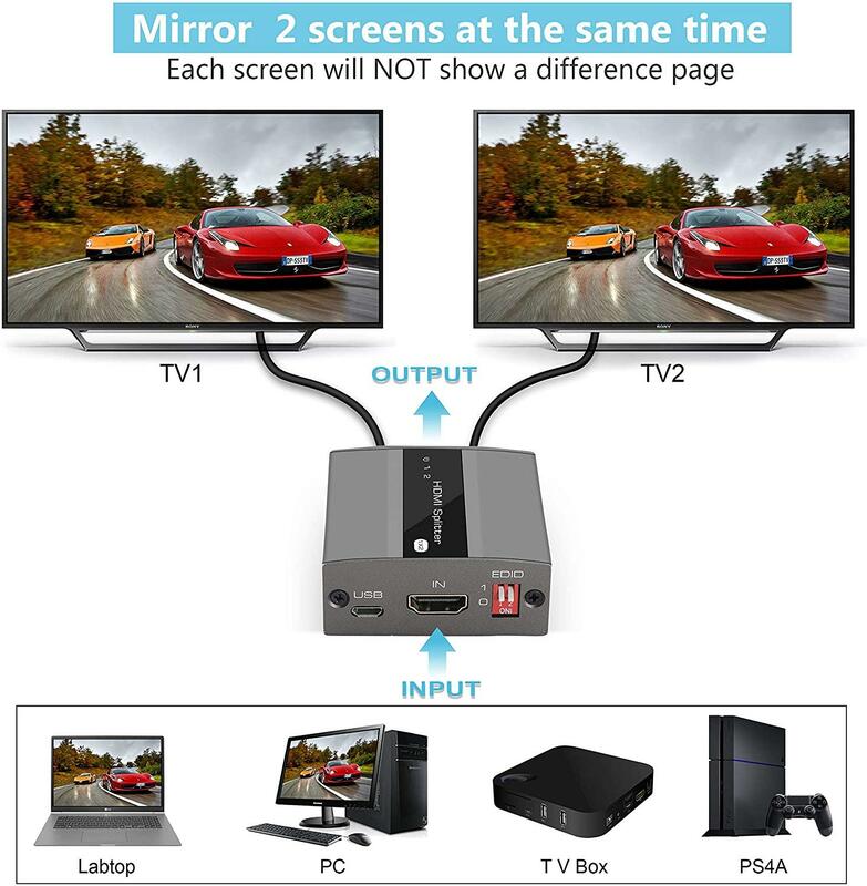 HDMI 분배기 1 in 2 Out with 수동 EDID 관리 지원 4K @ 30HZ 1080P 3D 【복사 만, 2 가지 출력 제공하지 마십시오]