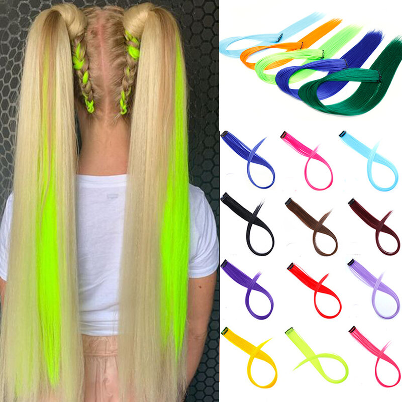Lupu Synthetic Long Straight Rainbow Highlight Colored Hair Extensions Clip In Fake Hair Pieces For Women Heat Resistant