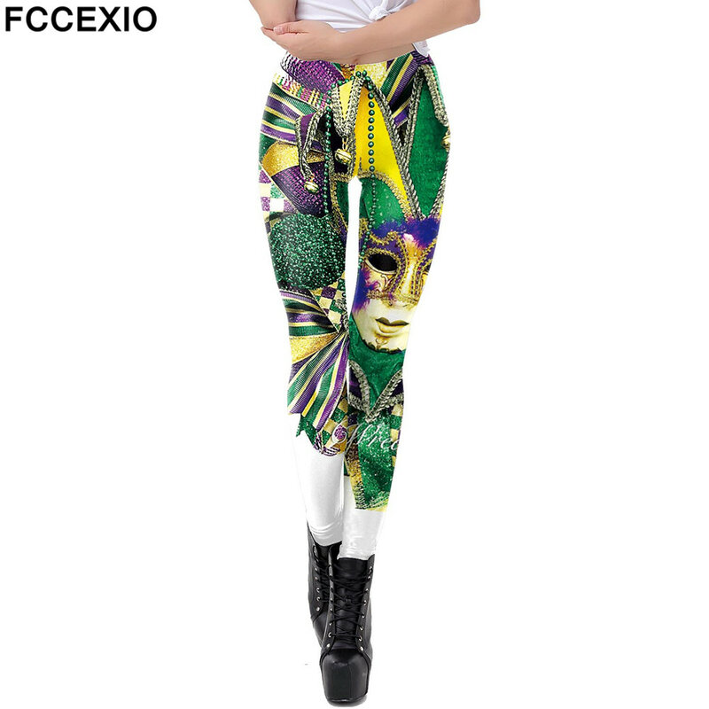 FCCEXIO śmieszna maska legginsy z nadrukiem kobiety moda leginsy trening Fitness leginsy 3D legginsy z nadrukiem spodnie legginsy