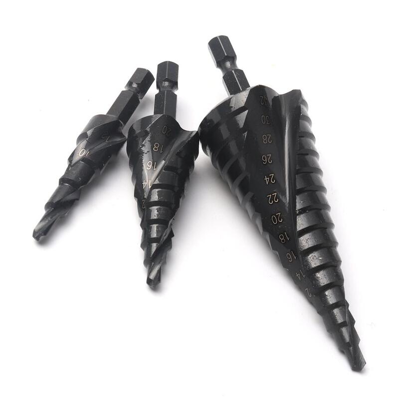 Brocas cone 4-12/20/32mm hss, haste hexagonal revestida em madeira/metal, broca cortadora de buraco em espiral, perfuração de passo com ranhura