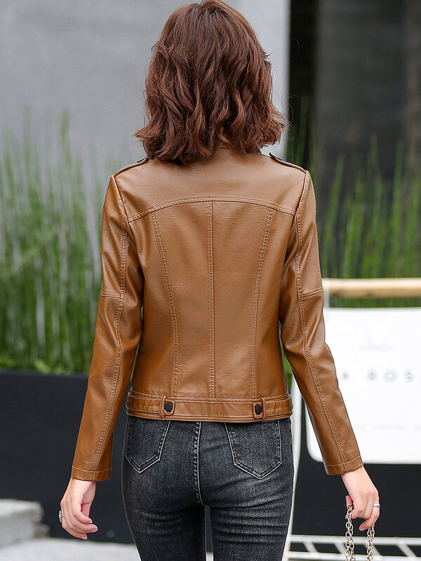 M-5XL New Women Leather Jacket Spring 2024 Fashion Solid Color Slim Short Sheepskin Coat Moto&Biker Style Tops Outerwear Female
