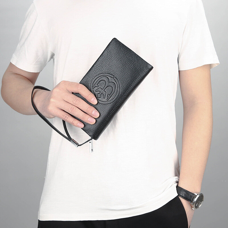 Men's Cowhide Day Clutch New Design Zipper Long Wallet Male Big Capacity Business Handbag Casual Phone Case Card Holder