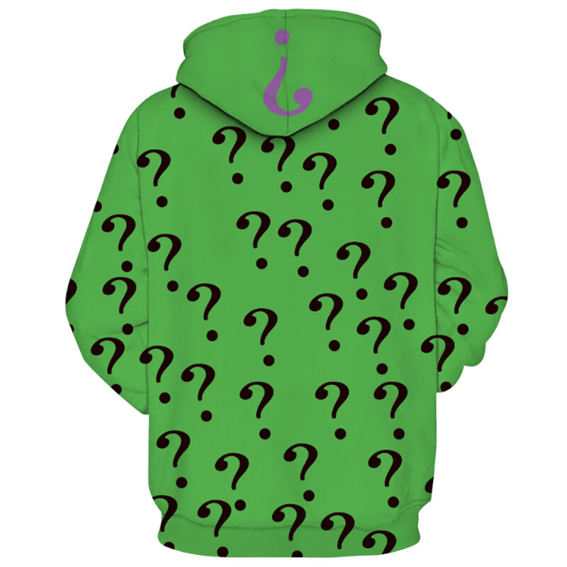 Sudadera con capucha de Cosplay de Riddler para hombre y mujer, 3D jersey con estampado, chaqueta con cremallera, abrigo informal, ropa de calle