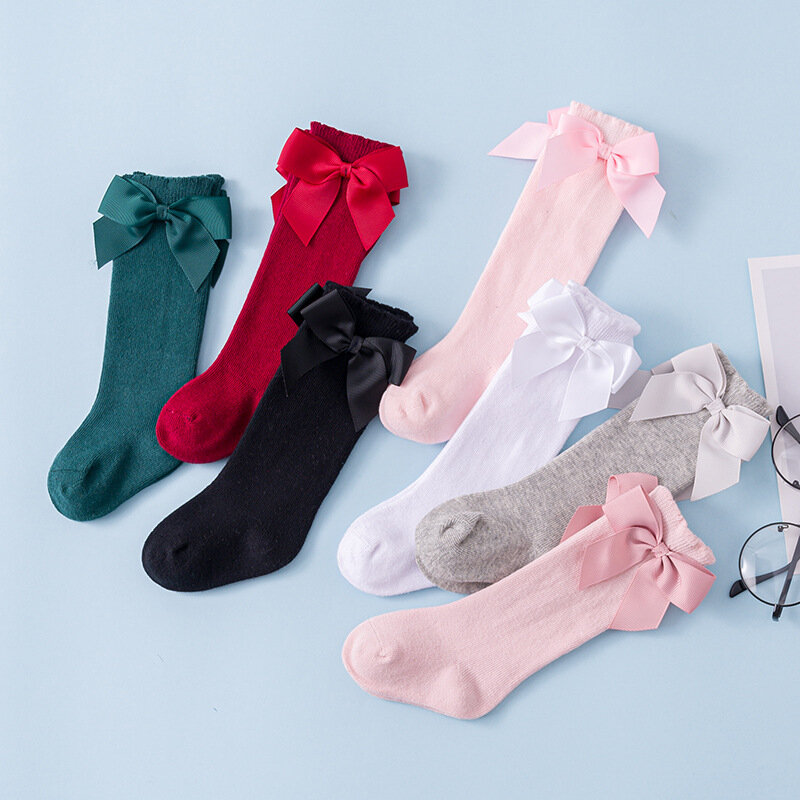 Chaussettes longues en dentelle de coton doux pour bébés filles, nouveau-né, tout-petits, enfants, filles, gros nœud au genou, hautes, nouveau