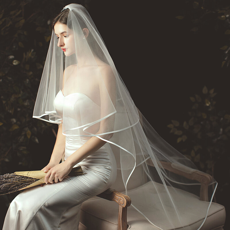 2T Wedding Veil Short Tulle Ribbon Edge Bridal Veils Two Layer Bride Veils