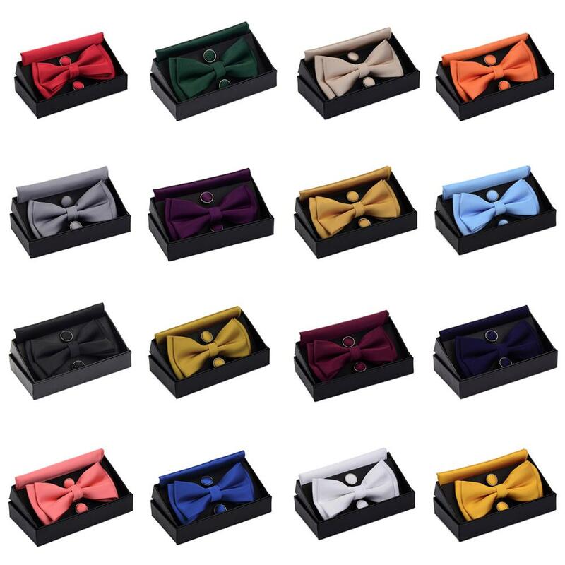 Solid Bow Tie Set Different Size Up and Down Men's Plain Bowtie Handkerchief Cufflinks Gift Box Set For Men Wedding Fashion Ties