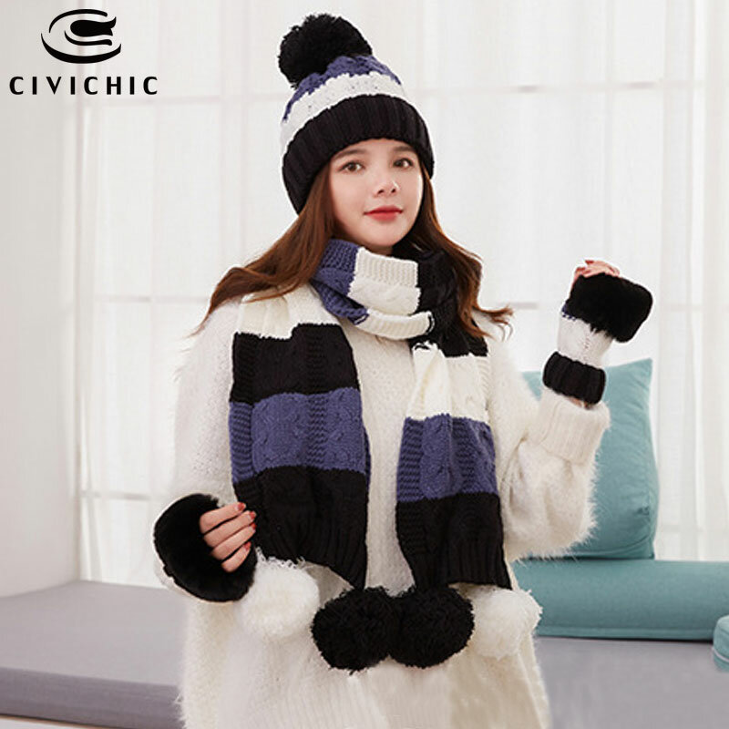 CIVICHIC Koreanische Stil Winter Farbe Stricken Warme Schal Hut Handschuhe 3 Stück Set Elegante Häkeln Verdicken Headwear Twist Schal SH124