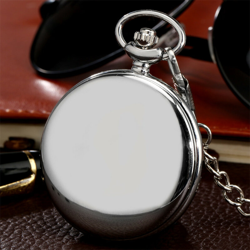Classic Black Roman Numerals Dial Silver Smooth Cover Quartz Pocket Watch Retro Timepiece Gifts Male
