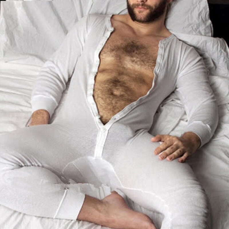 Moda piżama męska kombinezon Homewear jednokolorowy z długim rękawem wygodny przycisk rozrywka bielizna nocna mężczyźni pajacyki bielizna nocna S-5XL