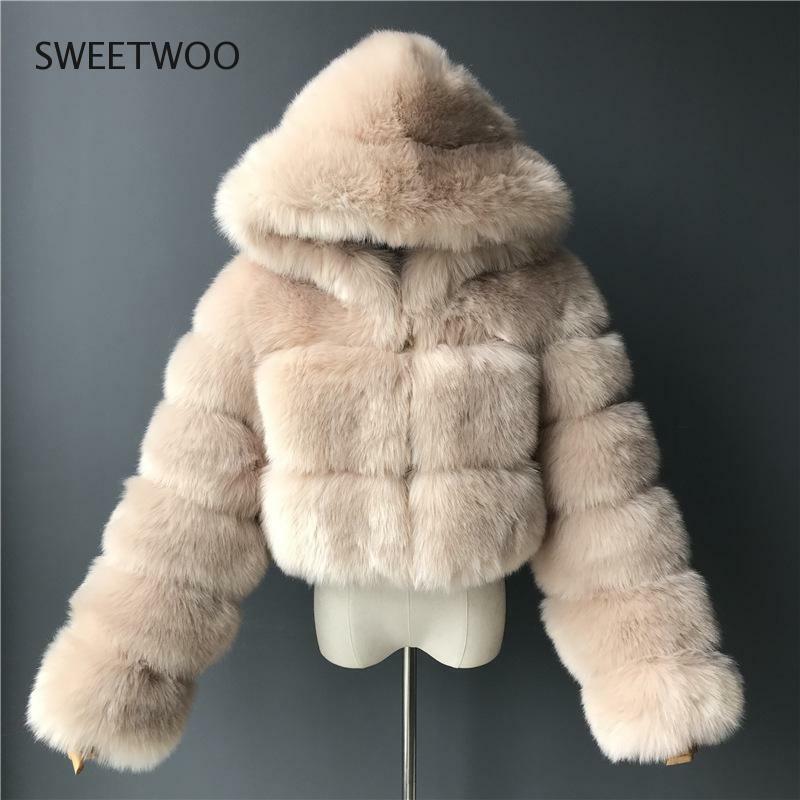 Moda jesienno-zimowa wysokiej jakości płaszcz ze sztucznego futra kobiet 2021 Vintage z długim rękawem z czapką krótkie kurtki Slim futrzany płaszcz Femme