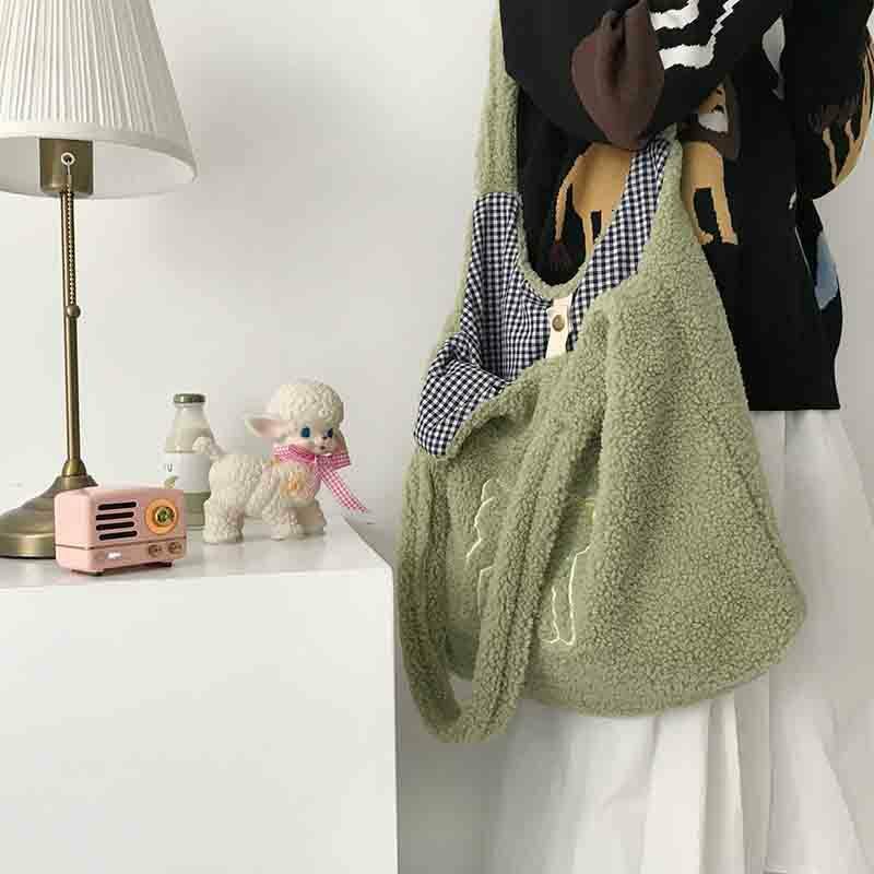 Simple Canvas Handbag Women Lamb Like Fabric Shoulder Bag Tote Large Capacity Embroidery Shopping Bag Cute Book Bags for Girls