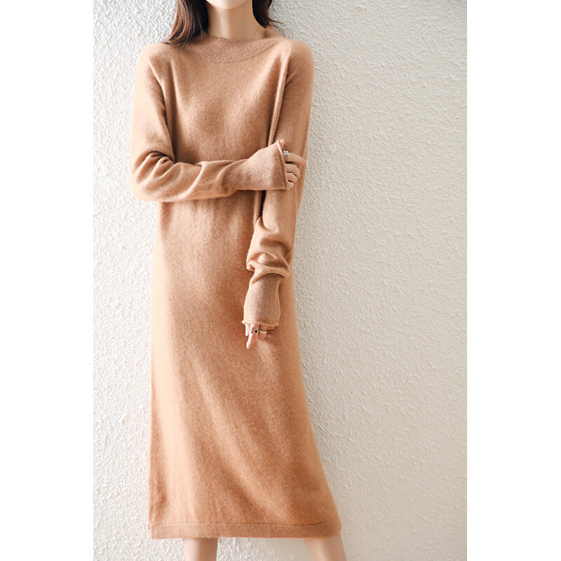 Robe 100% en laine Pure pour femme, tricot, col rond, ample, couleur unie, Style A, nouvelle collection hiver 2021
