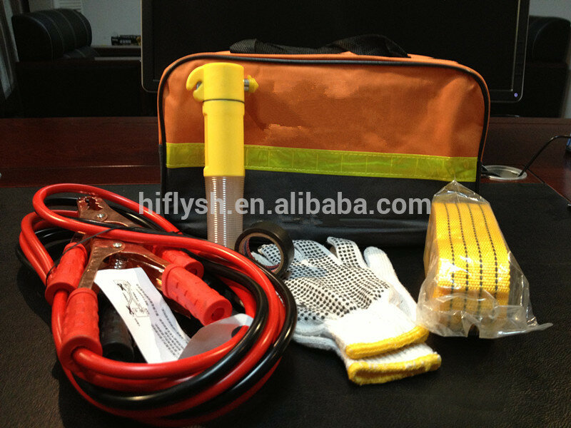 Kit de sécurité d'urgence pour voiture, marteau de sécurité, corde de remorquage, gants à pois, bande électrique, câble de batterie portable réfléchissant