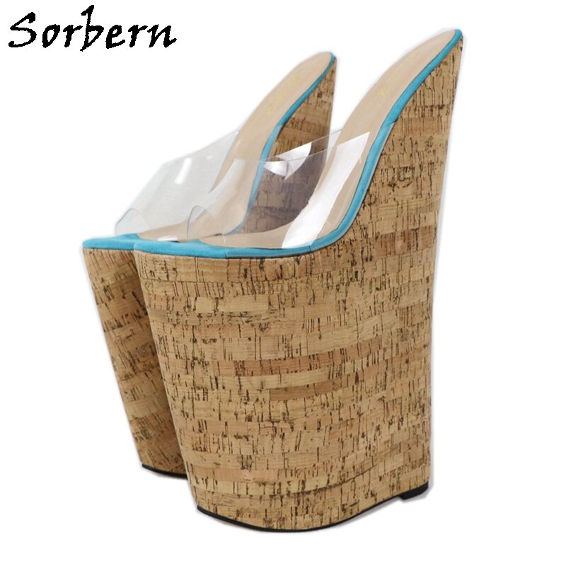 Sorbern-Sandálias de salto alto extremo para mulheres, dedo do pé aberto em PVC transparente, cunhas de cortiça, sapatos de verão, feitos sob encomenda, 13"