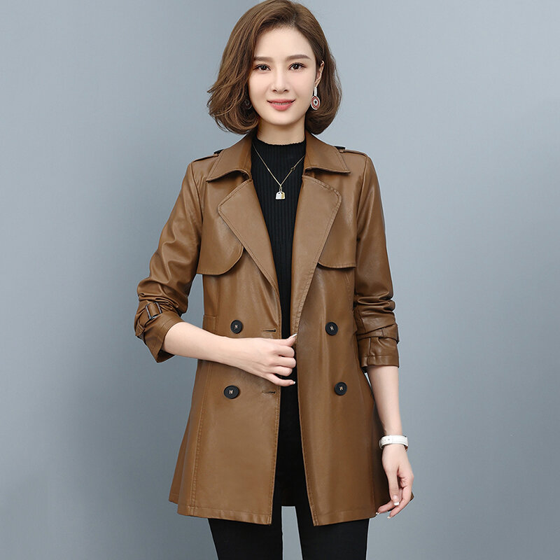 New Women Sheep Leather Trench Coat Spring Autumn 2024 Fashion Design Double Breasted Solid Slim Sheepskin Leather Blazer Tops
