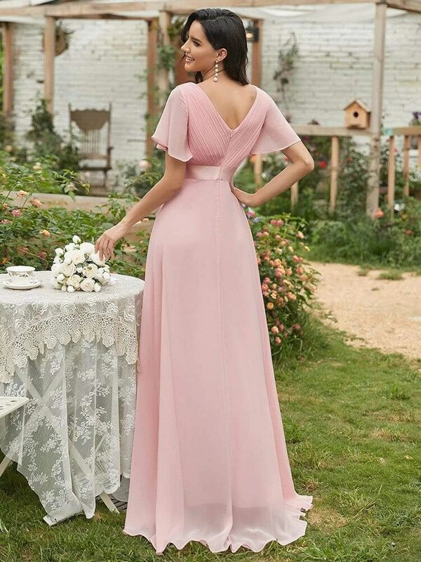Женское шифоновое платье-трапеция, длинное розовое платье для подружки невесты, с двойным V-образным вырезом и оборками, официальное платье для свадебной вечеринки, длинное платье для выпускного вечера