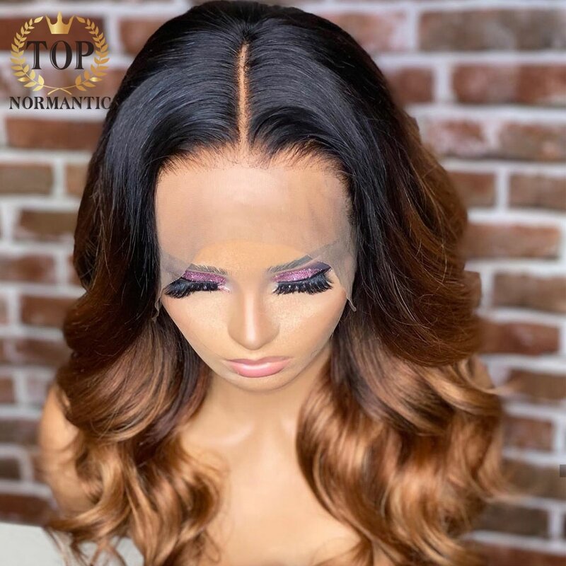 Topnormantic-Peluca de cabello humano ondulado para mujer, postizo de encaje frontal 13x6 con cierre 4x4, pelo brasileño Remy, Color marrón degradado
