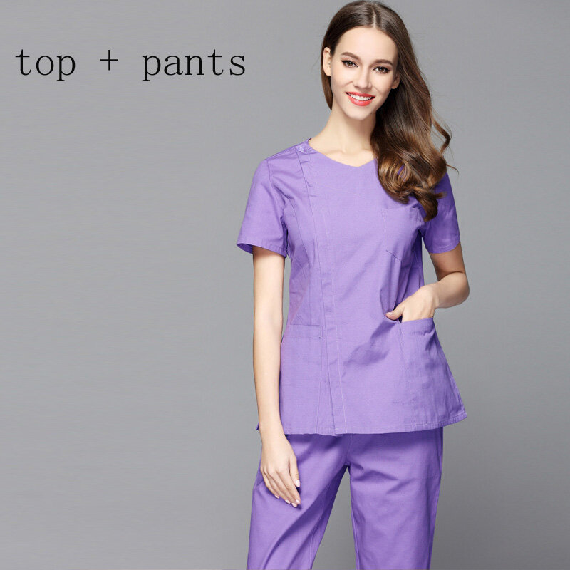 여성 지퍼 오프닝 퓨어 코튼 스크럽 세트 또는 탑 짧은 소매 라운드 칼라 코트 의사 간호사 치과 의사 Workwear 의료 유니폼