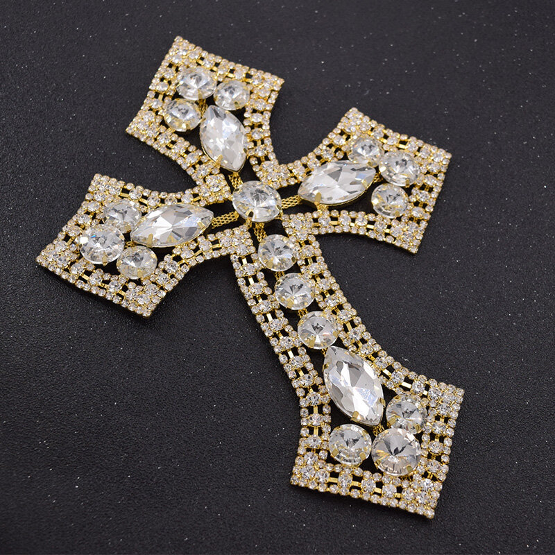 CuiEr 1piece Sparkly Big size Cross Sewing Appliques Rhinestones Crystal Gold Glass Accessories DIY sew on Decorations