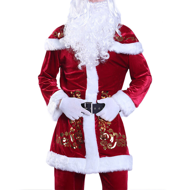 Disfraces de Navidad para adultos, traje de Papá Noel, terciopelo rojo de lujo, conjunto de 9 piezas, ropa de fiesta para hombre