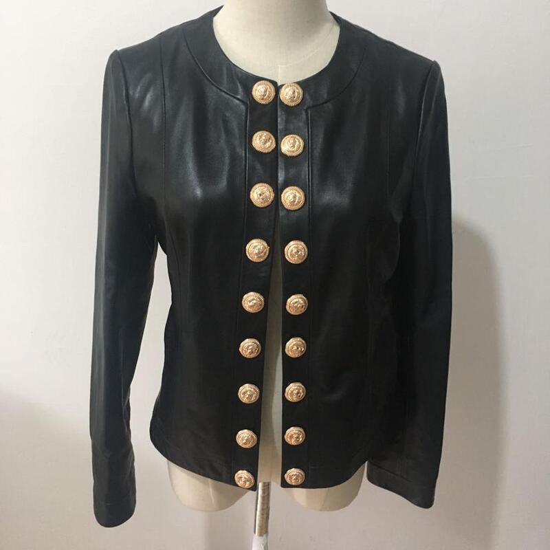 Customized double breasted metal buttons leather jacket female round neck soft real leather coat natural sheep leather tops F919