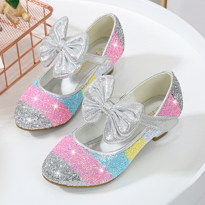 Zapatos de cuero para niña, calzado de princesa con punta redonda, suela suave, tacón alto, cristales, 2024