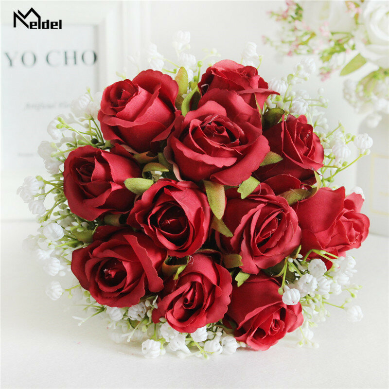 Meldel-人工のバラの結婚式の花束,花嫁介添人のための人工のバラ,結婚式のための花,姉妹,女の子のための家の装飾